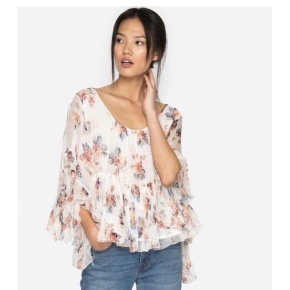 Johnny Was Love Jade NEW White Babydoll Kimono Sleeve  Top Silk Blouse Size L